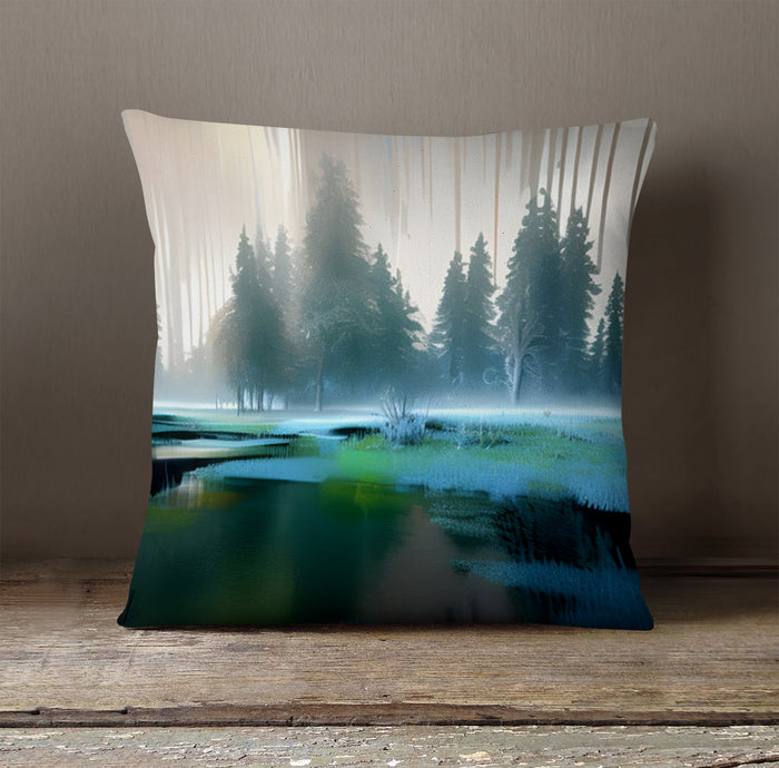 Green Misty Lake Forest Landscape Throw Pillow Cover
