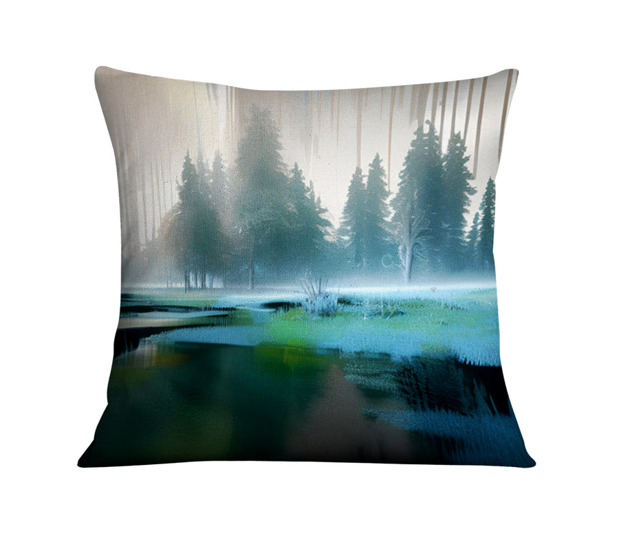 Green Misty Lake Forest Landscape Throw Pillow Cover
