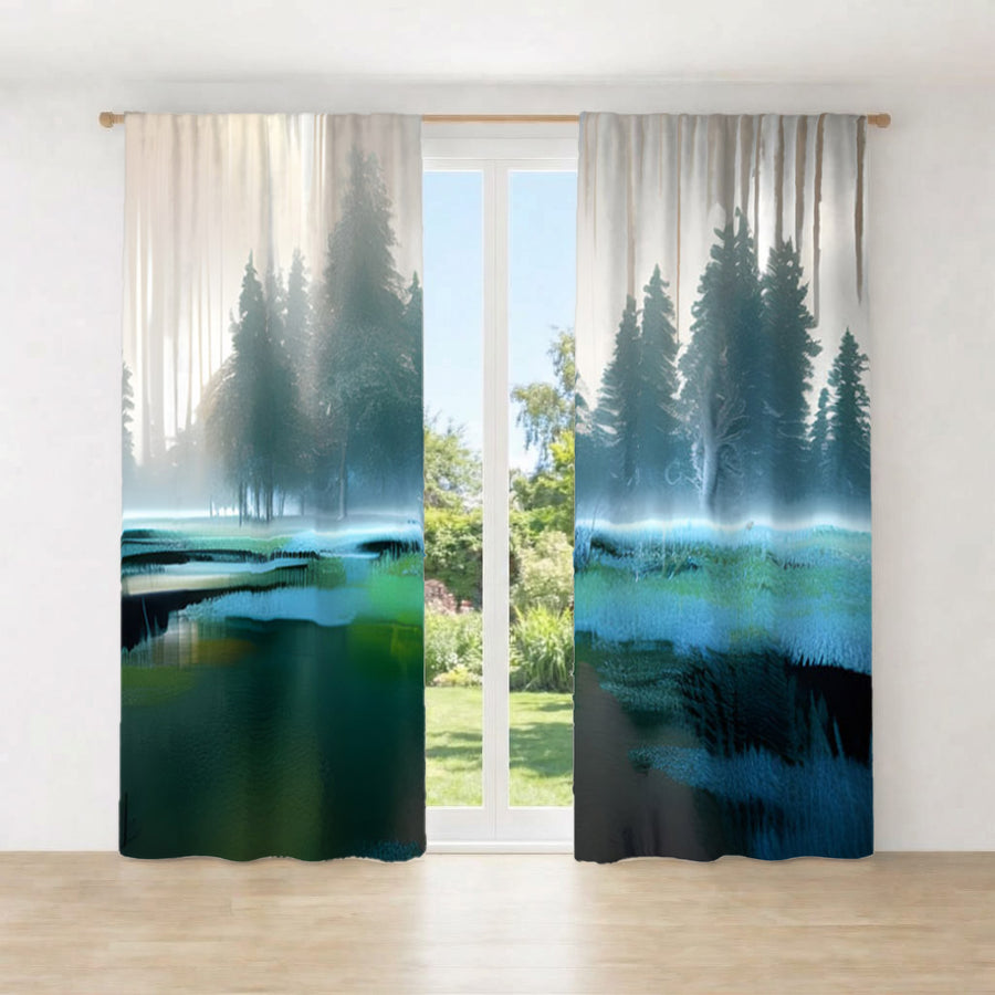 Green Misty Lake Forest Landscape Window Curtains