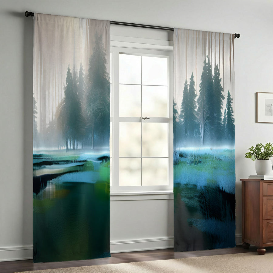 Green Misty Lake Forest Landscape Window Curtains