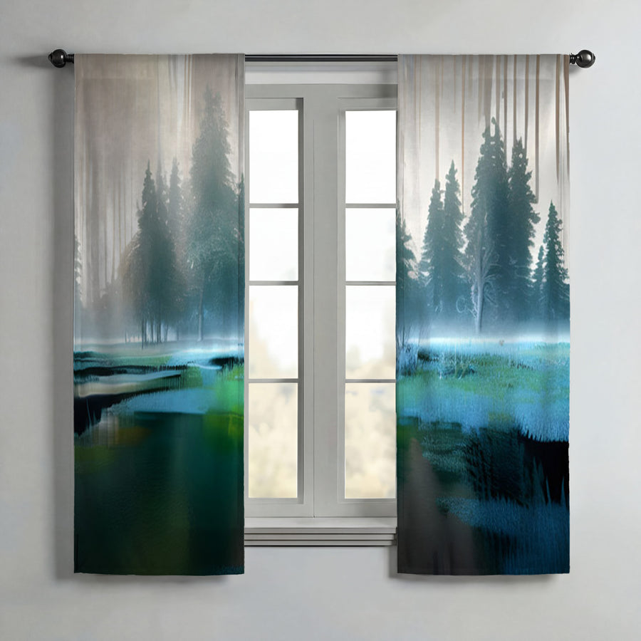 Green Misty Lake Forest Landscape Window Curtains