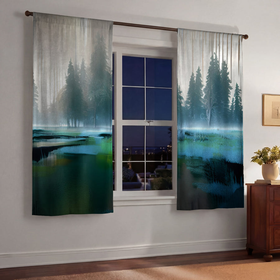 Green Misty Lake Forest Landscape Window Curtains