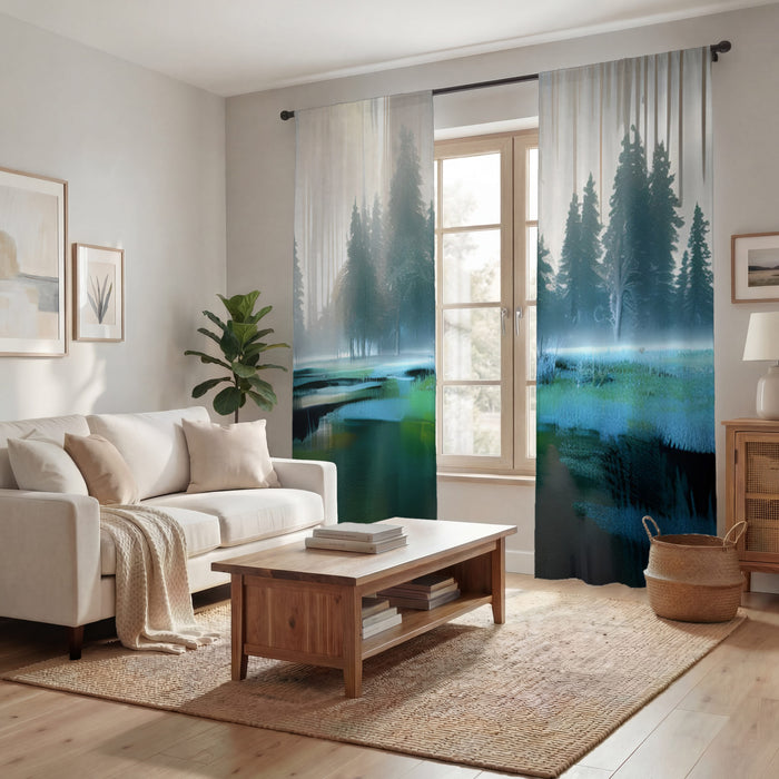 Green Misty Lake Forest Landscape Window Curtains
