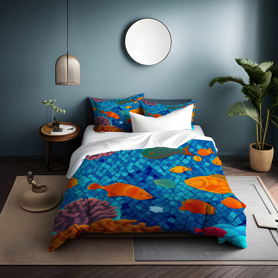 Blue Tropical Fish Mosaic Pattern Duvet Cover