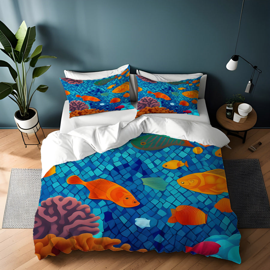Blue Tropical Fish Mosaic Pattern Duvet Cover