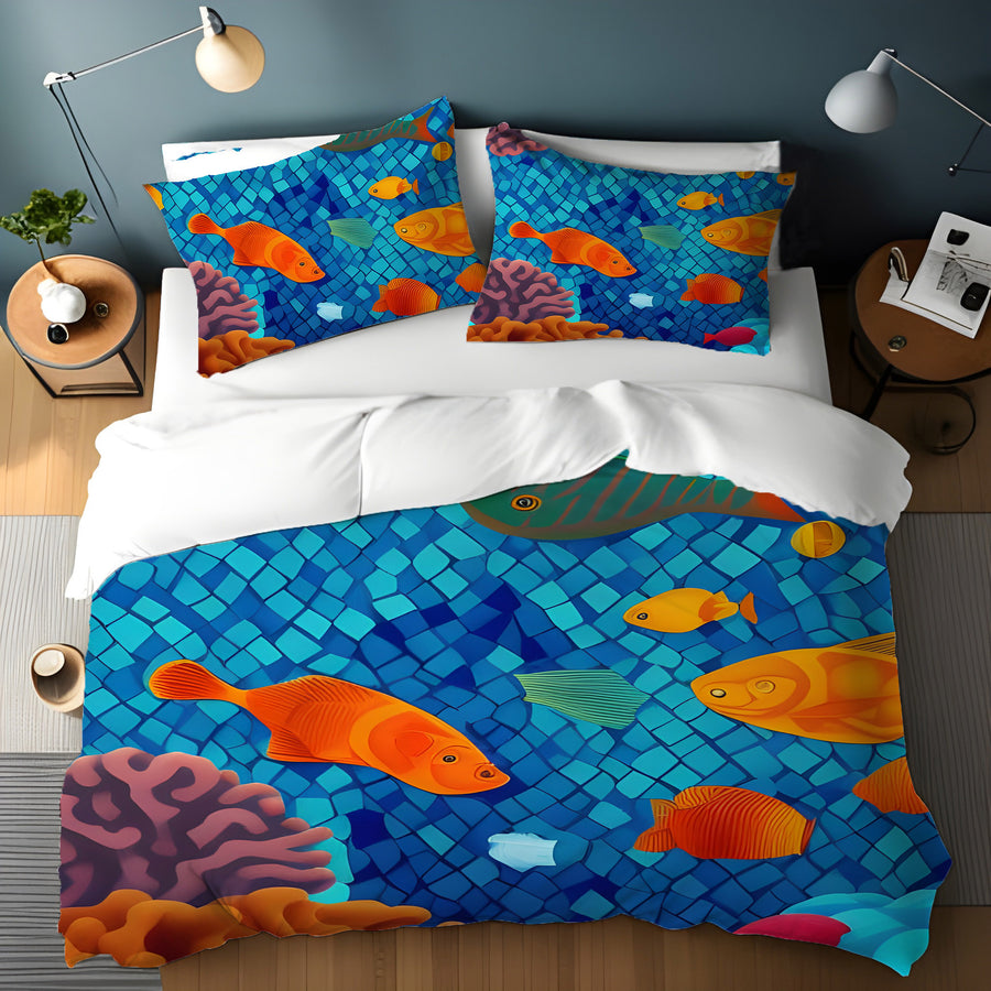 Blue Tropical Fish Mosaic Pattern Duvet Cover