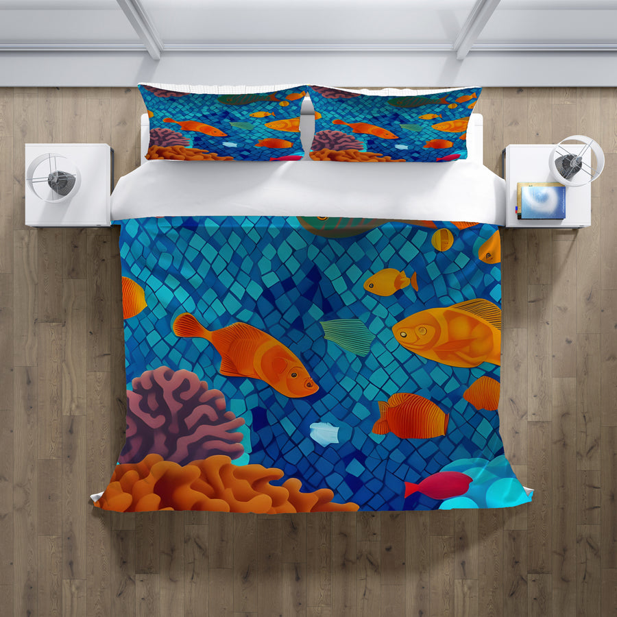 Blue Tropical Fish Mosaic Pattern Duvet Cover