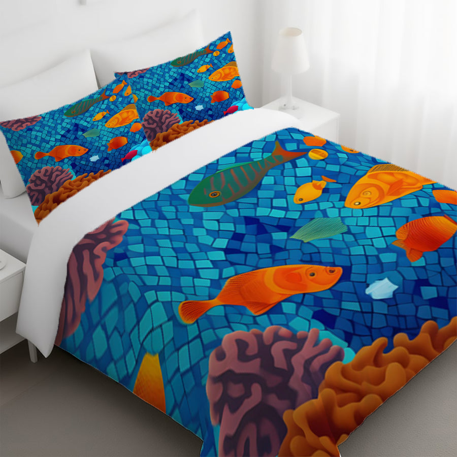 Blue Tropical Fish Mosaic Pattern Duvet Cover