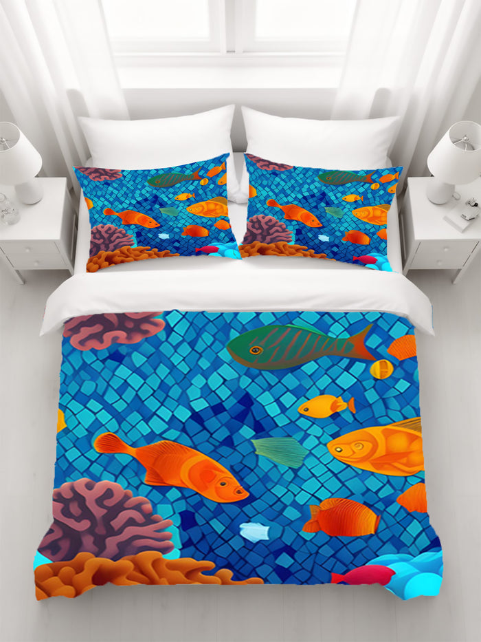 Blue Tropical Fish Mosaic Pattern Duvet Cover