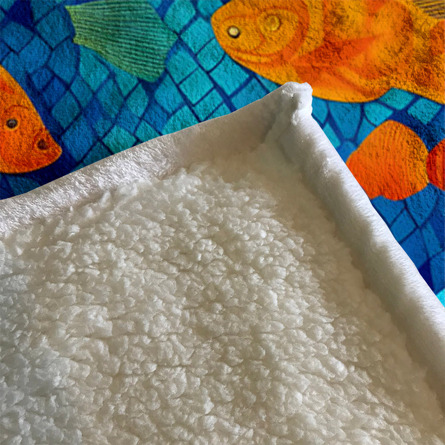 Blue Tropical Fish Mosaic Pattern Fleece Sherpa Blanket