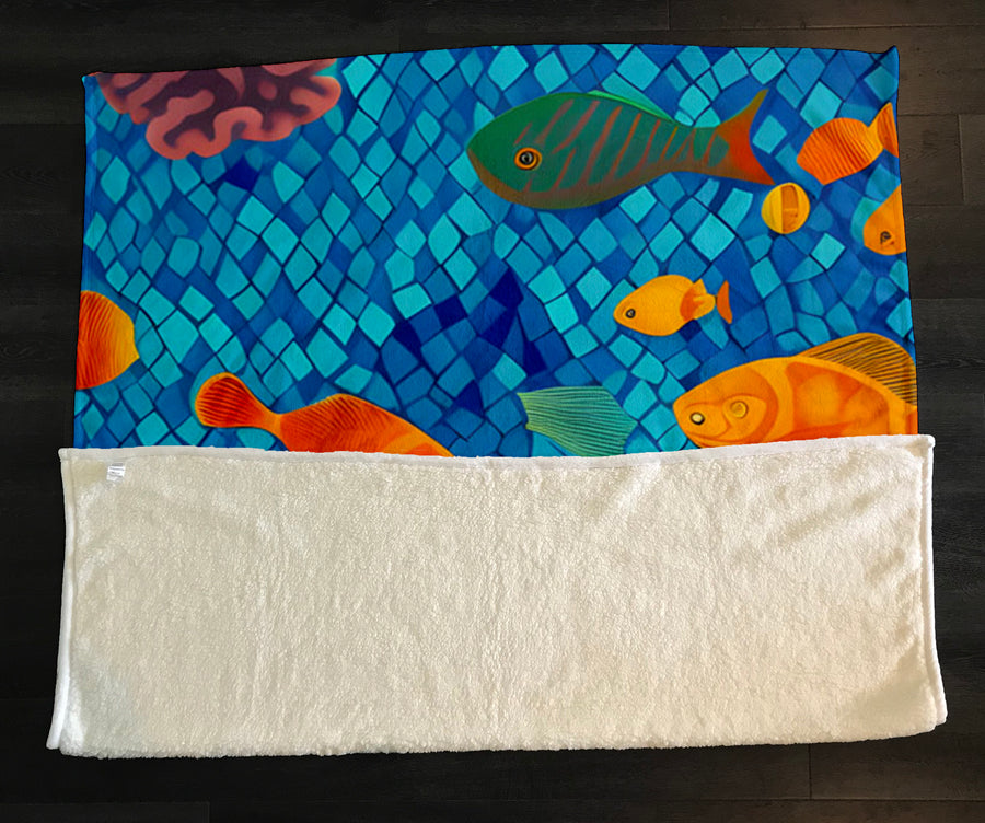 Blue Tropical Fish Mosaic Pattern Fleece Sherpa Blanket