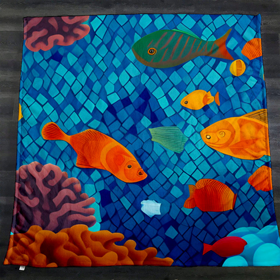 Blue Tropical Fish Mosaic Pattern Fleece Sherpa Blanket
