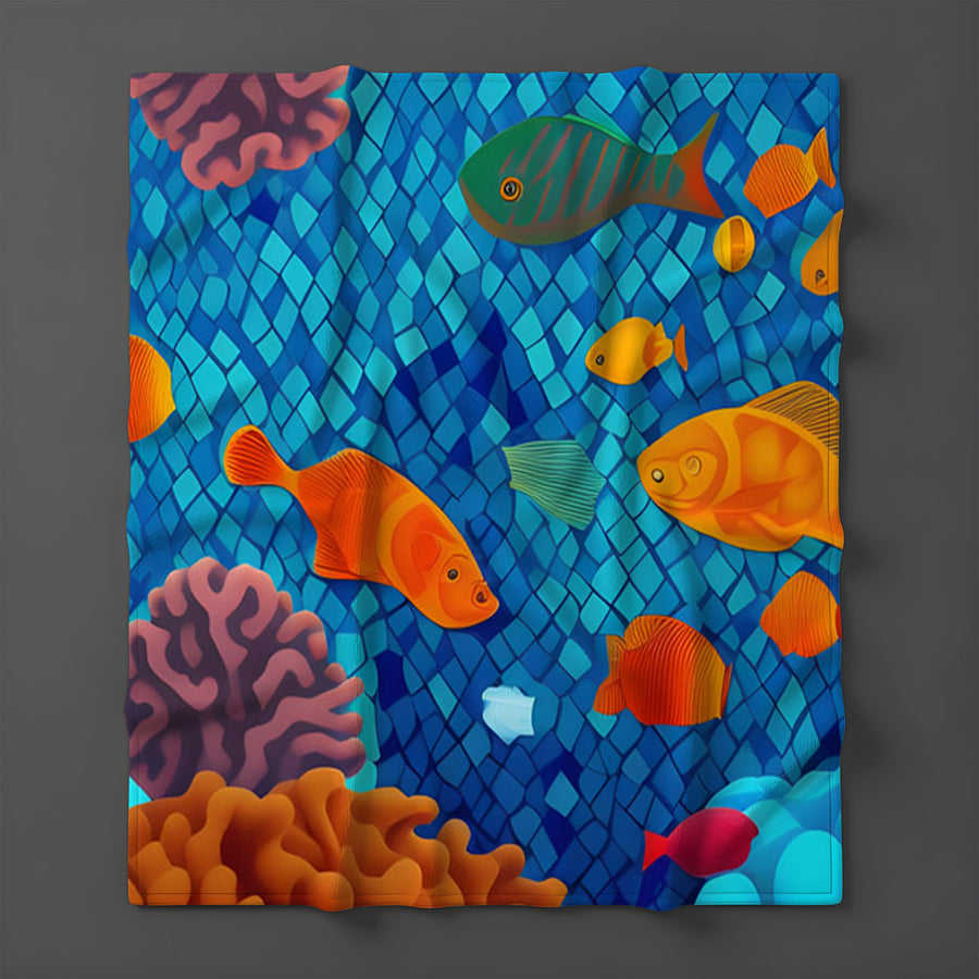 Blue Tropical Fish Mosaic Pattern Fleece Sherpa Blanket