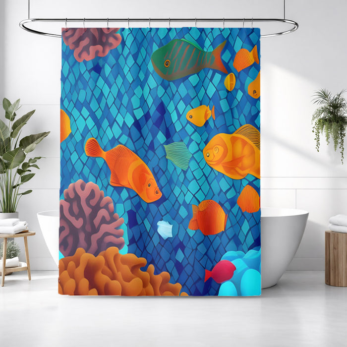 Blue Tropical Fish Mosaic Pattern Shower Curtain