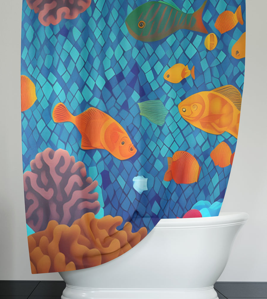 Blue Tropical Fish Mosaic Pattern Shower Curtain