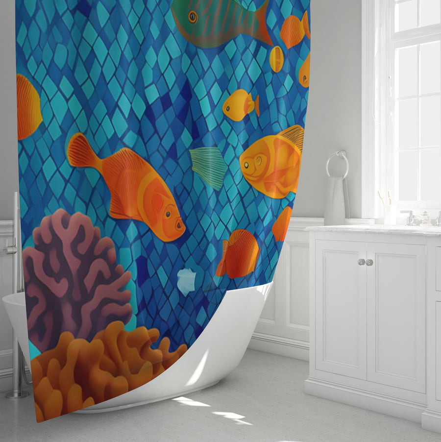 Blue Tropical Fish Mosaic Pattern Shower Curtain
