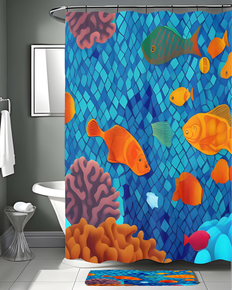 Blue Tropical Fish Mosaic Pattern Shower Curtain