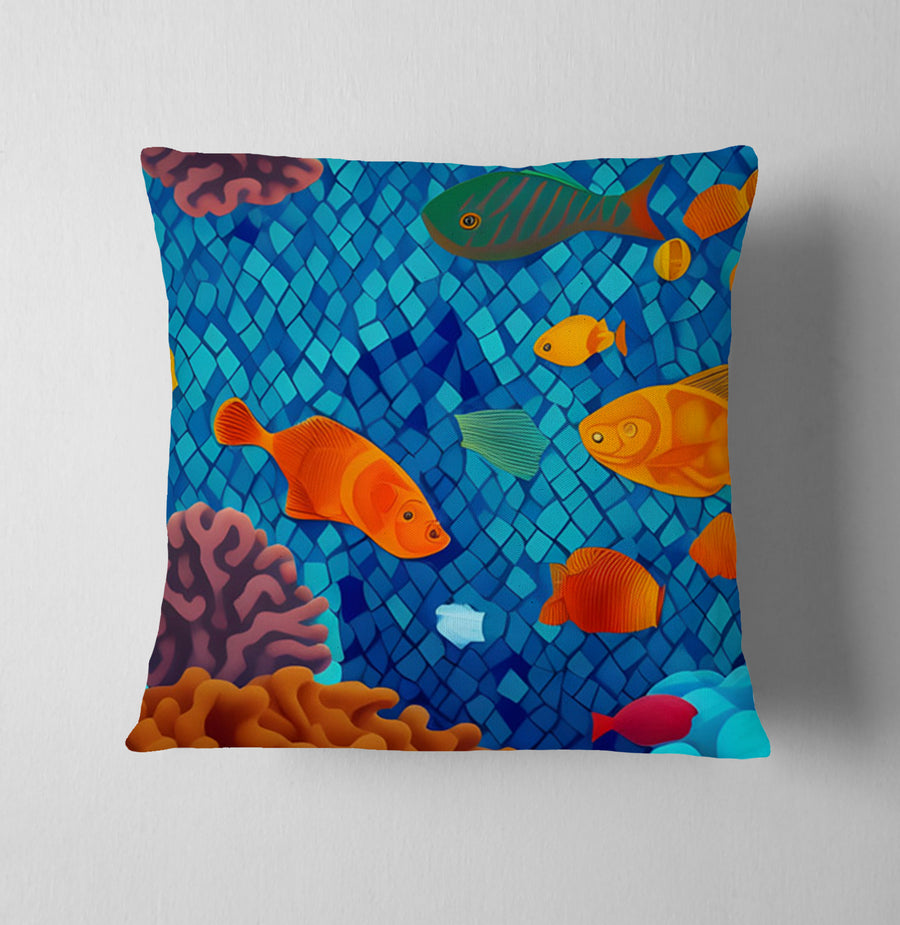 Blue Tropical Fish Mosaic Pattern Throw Pillow Cover