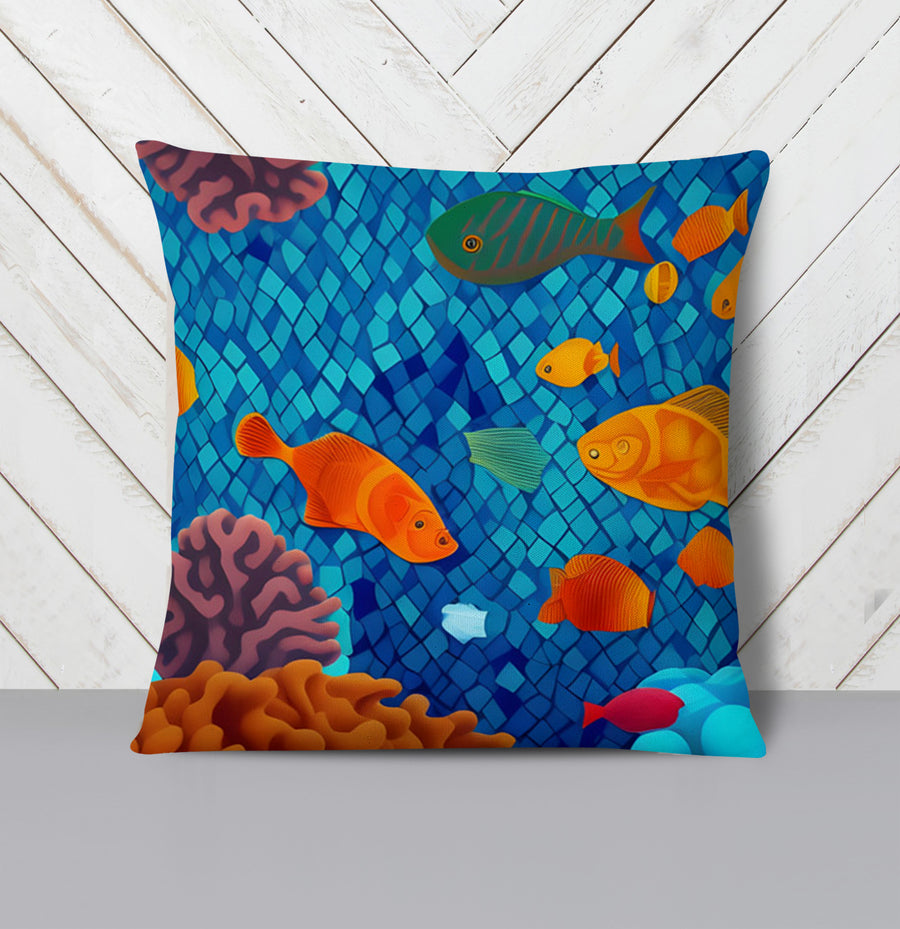 Blue Tropical Fish Mosaic Pattern Throw Pillow Cover