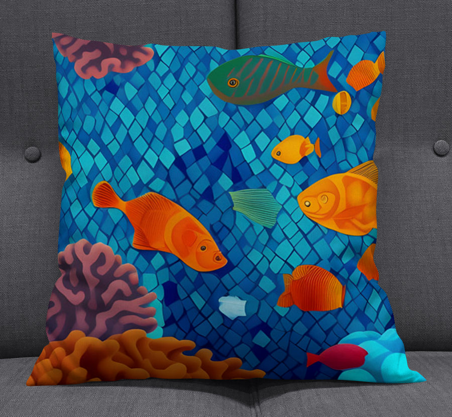 Blue Tropical Fish Mosaic Pattern Throw Pillow Cover