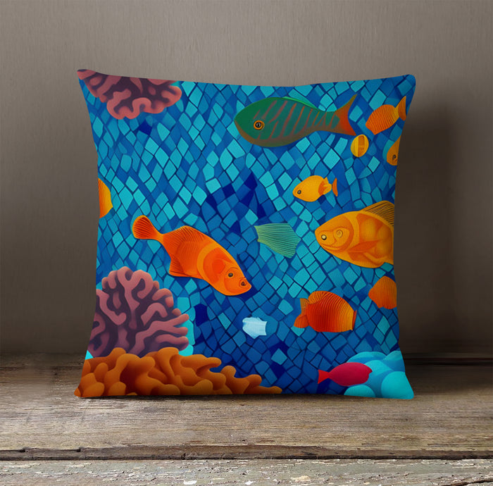 Blue Tropical Fish Mosaic Pattern Throw Pillow Cover
