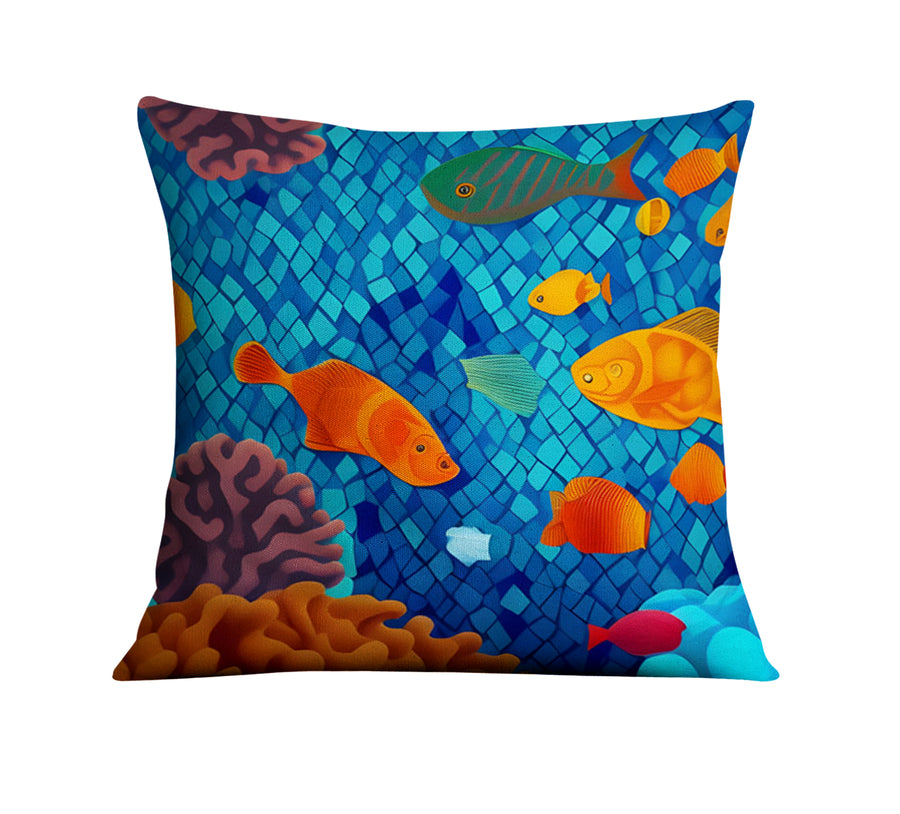 Blue Tropical Fish Mosaic Pattern Throw Pillow Cover