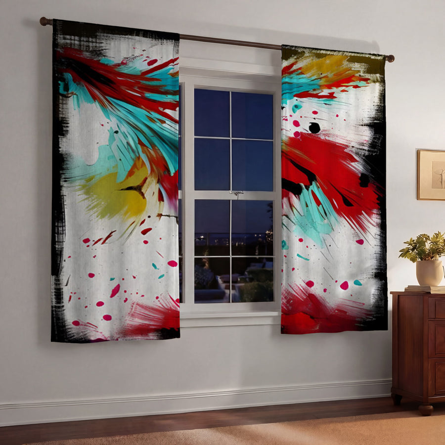 Red Abstract Paint Splash Pattern Window Curtains