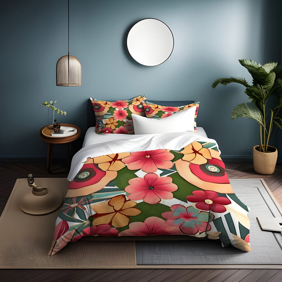 Red and Green Retro Floral Pattern Duvet Cover