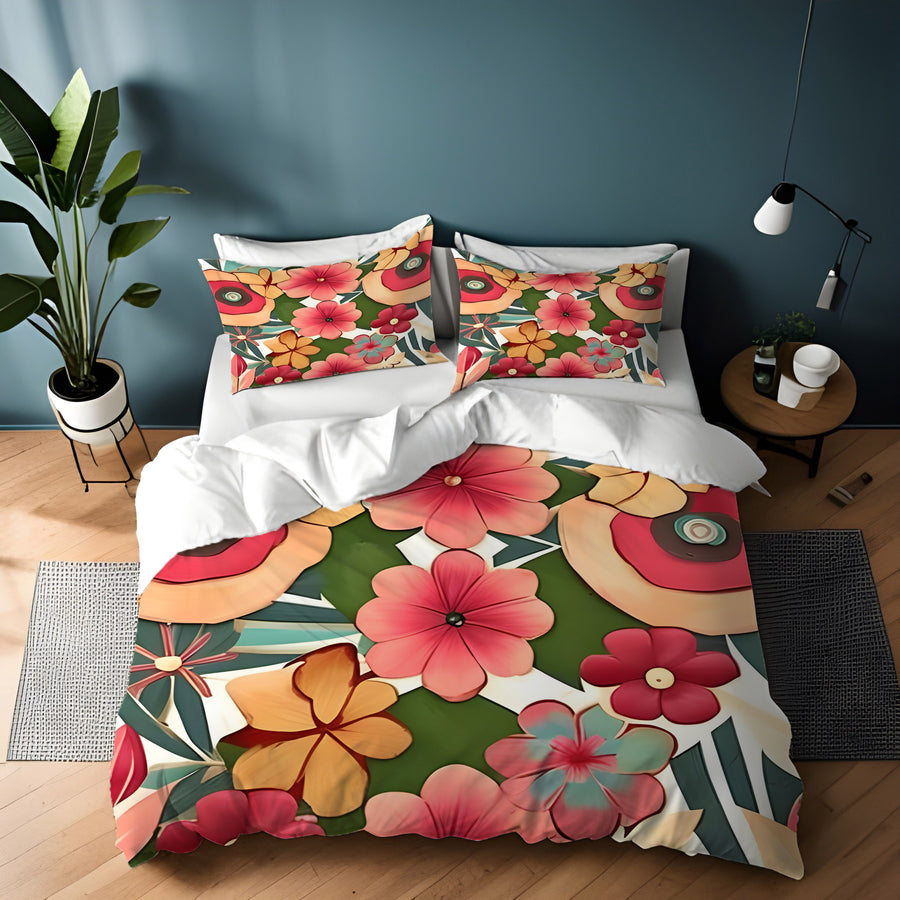 Red and Green Retro Floral Pattern Duvet Cover