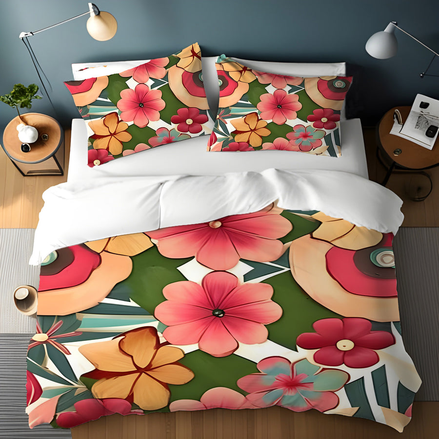 Red and Green Retro Floral Pattern Duvet Cover