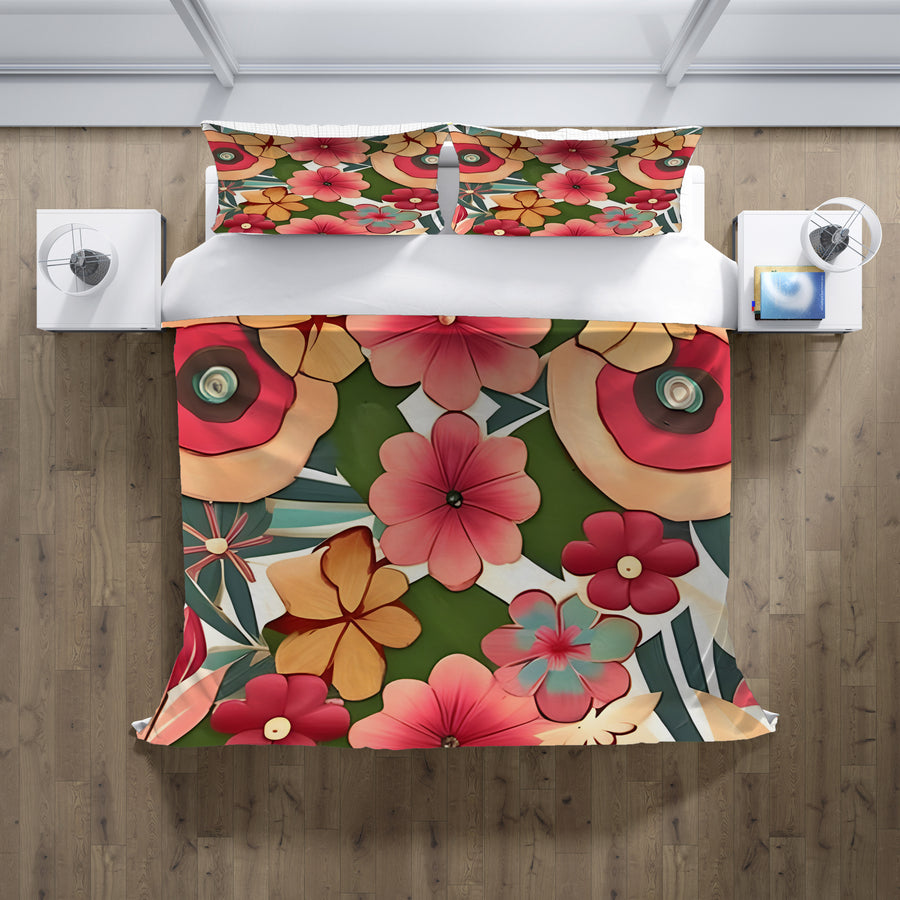 Red and Green Retro Floral Pattern Duvet Cover