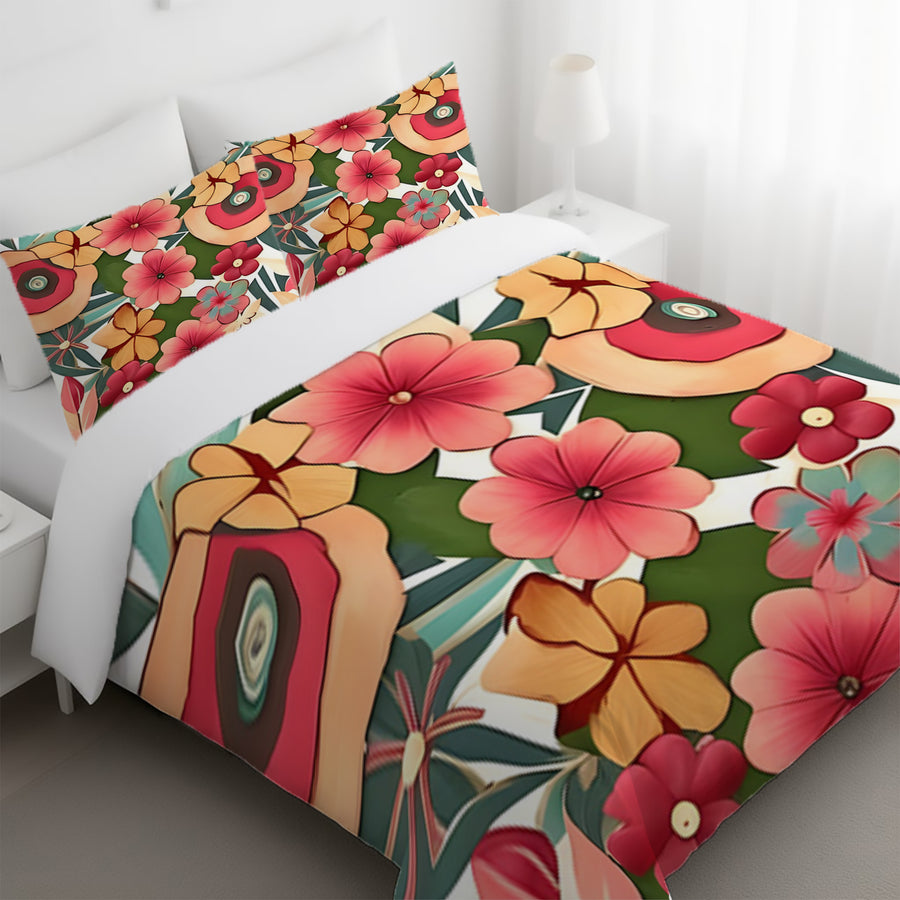 Red and Green Retro Floral Pattern Duvet Cover