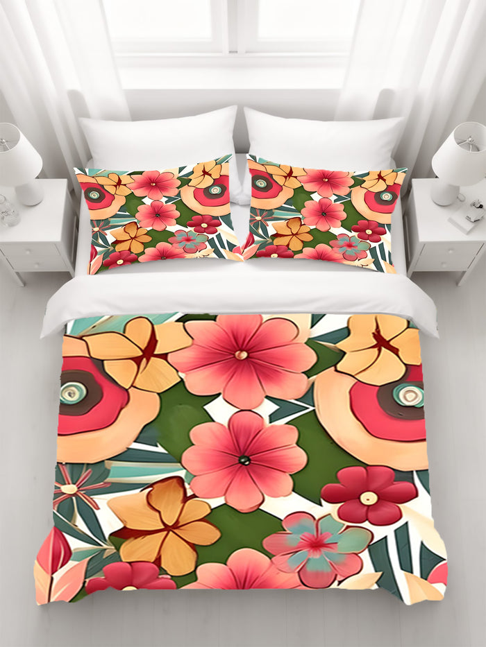 Red and Green Retro Floral Pattern Duvet Cover