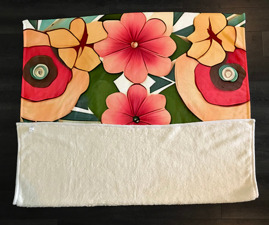 Red and Green Retro Floral Pattern Fleece Sherpa Blanket