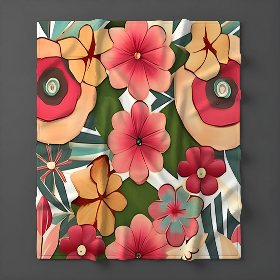 Red and Green Retro Floral Pattern Fleece Sherpa Blanket