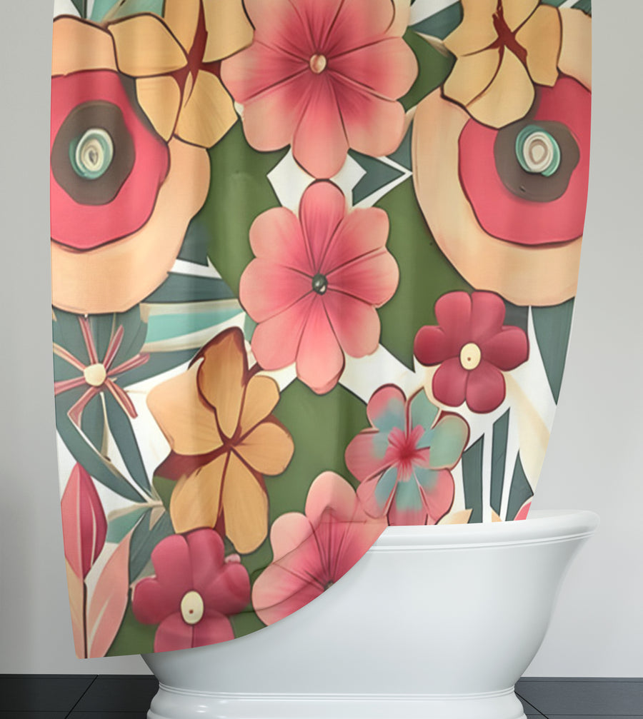 Red and Green Retro Floral Pattern Shower Curtain
