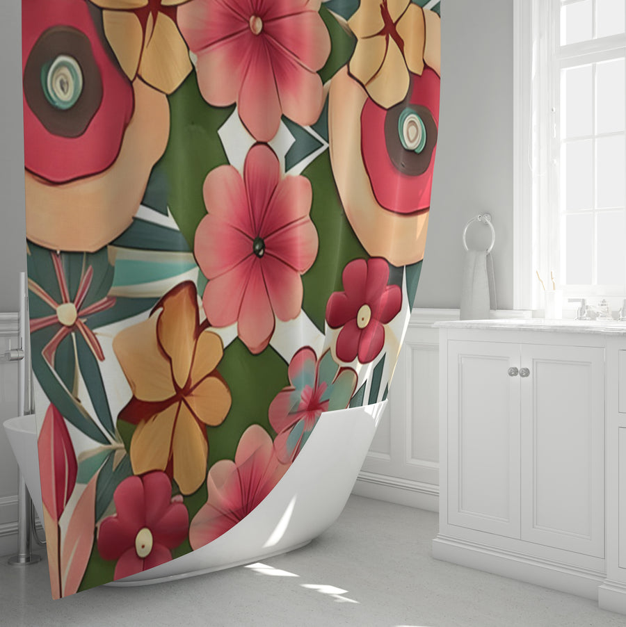Red and Green Retro Floral Pattern Shower Curtain