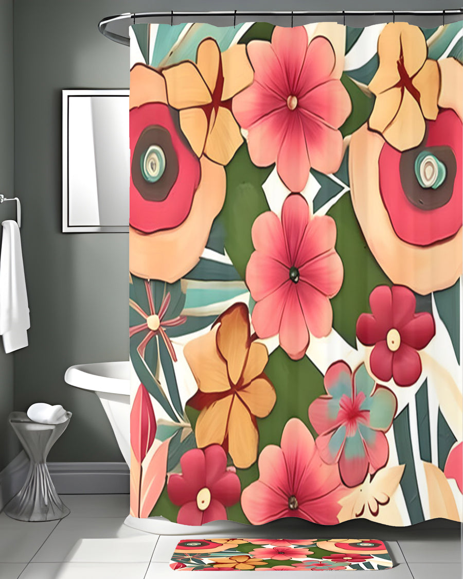 Red and Green Retro Floral Pattern Shower Curtain