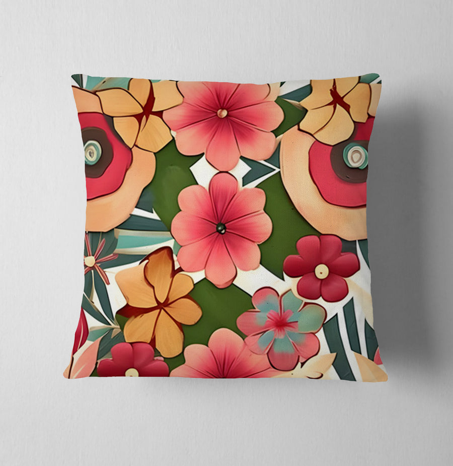 Red and Green Retro Floral Pattern Throw Pillow Cover