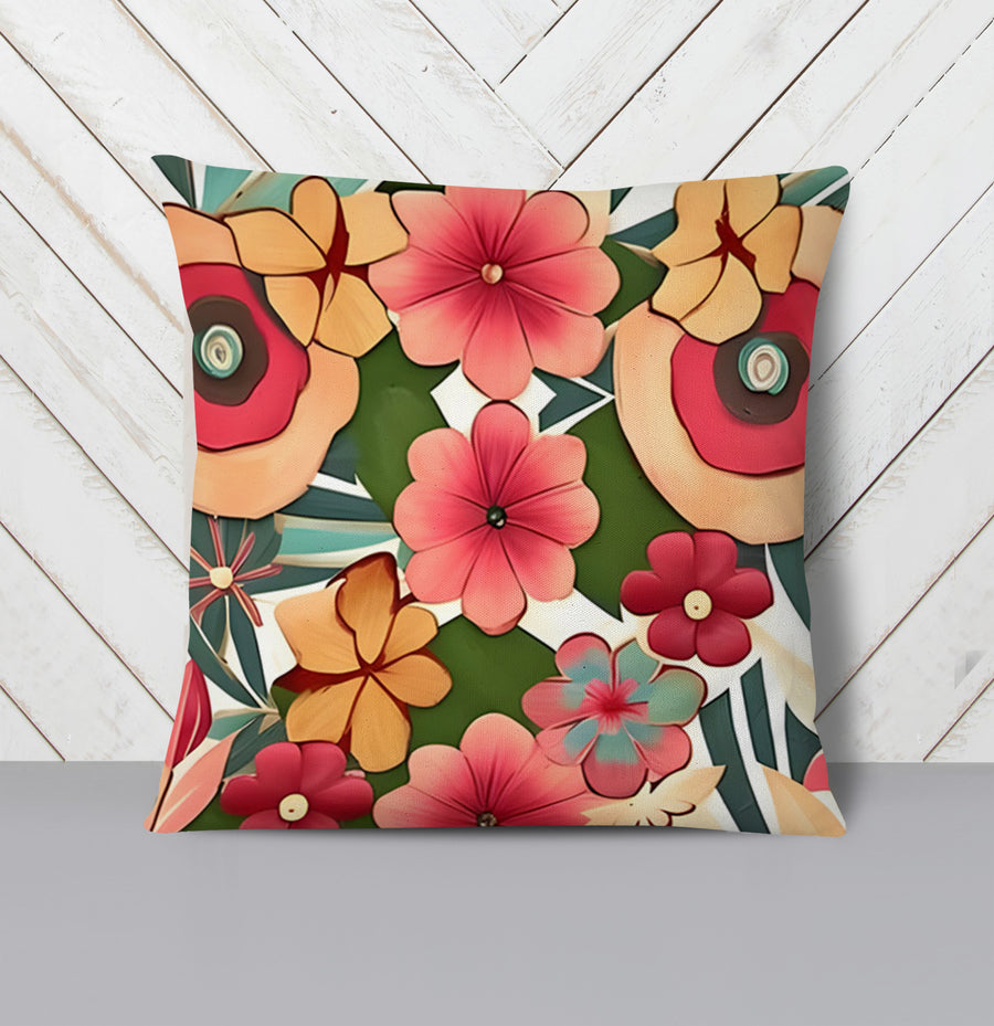 Red and Green Retro Floral Pattern Throw Pillow Cover