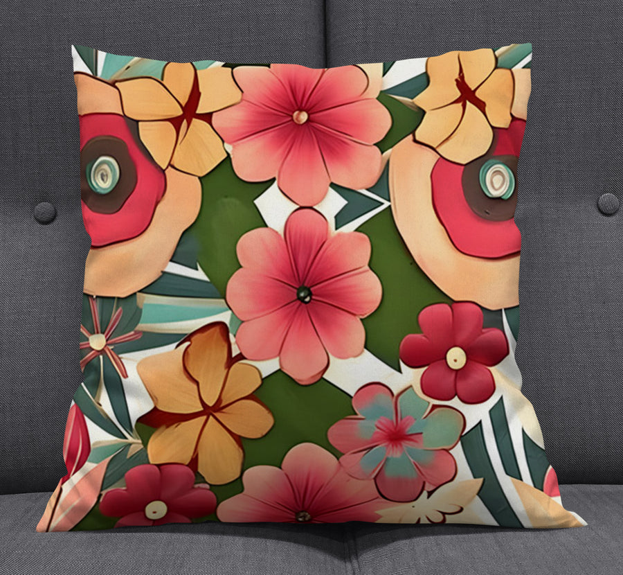 Red and Green Retro Floral Pattern Throw Pillow Cover