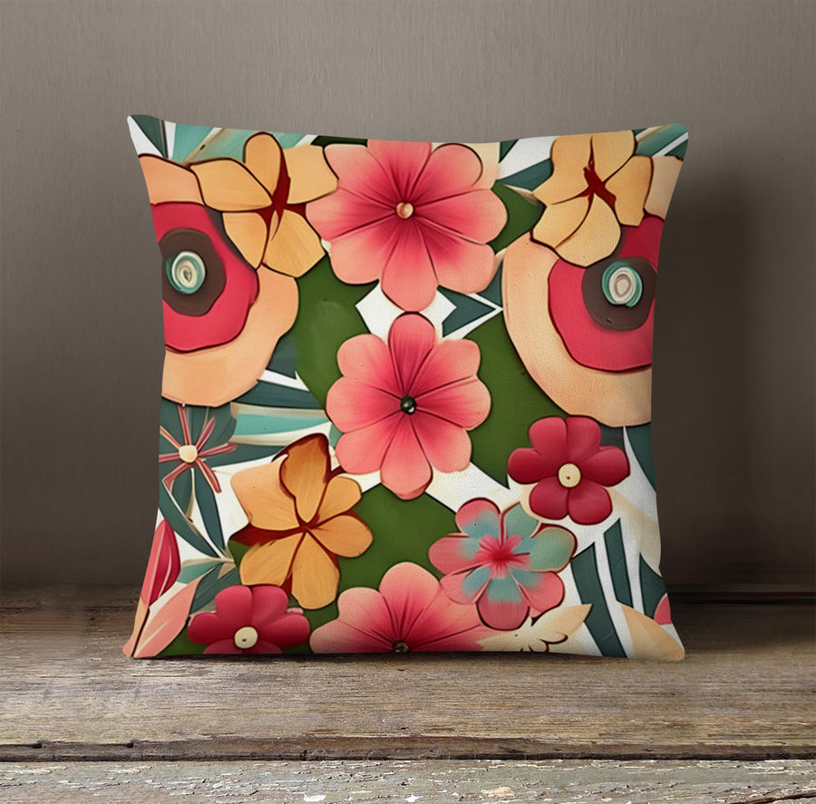 Red and Green Retro Floral Pattern Throw Pillow Cover