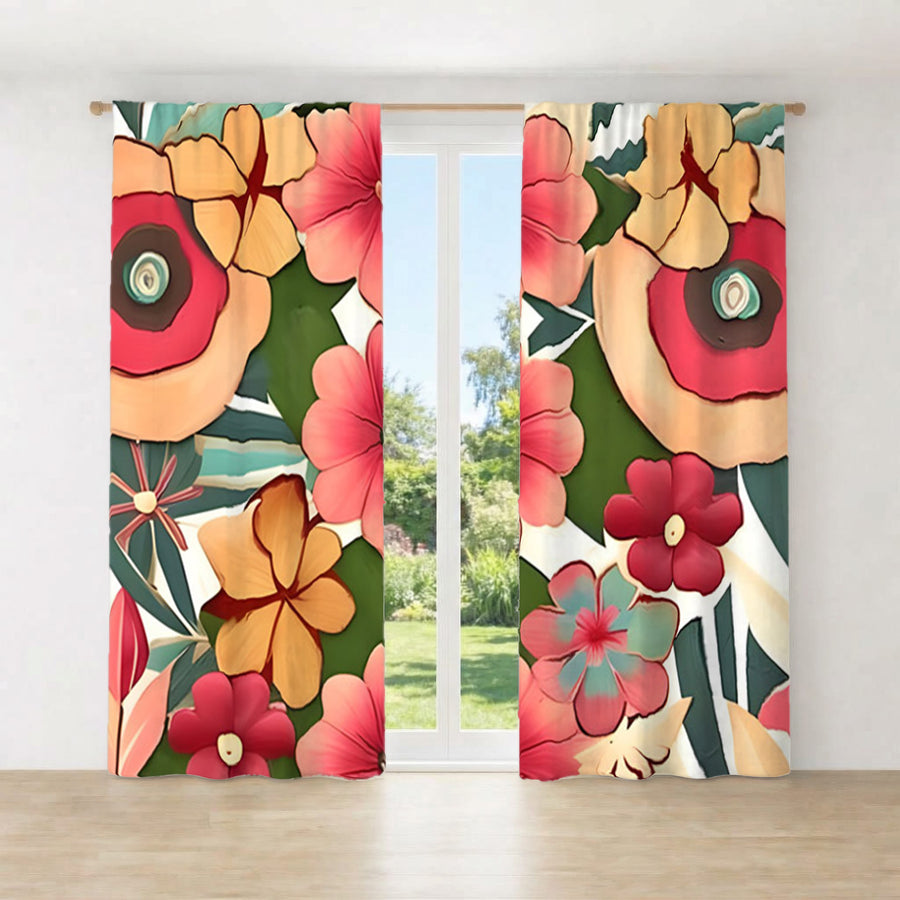 Red and Green Retro Floral Pattern Window Curtains