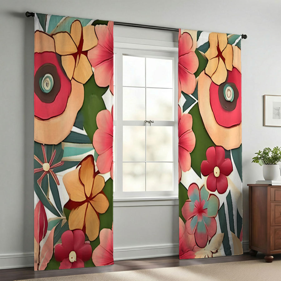 Red and Green Retro Floral Pattern Window Curtains
