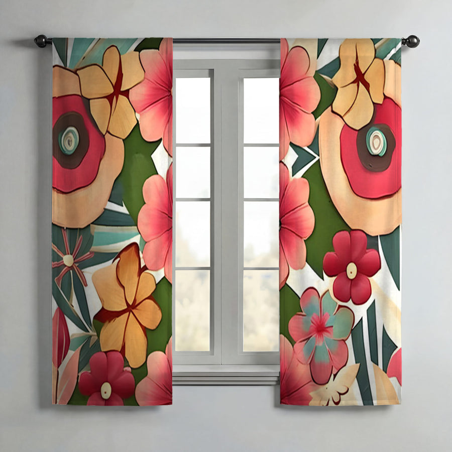 Red and Green Retro Floral Pattern Window Curtains