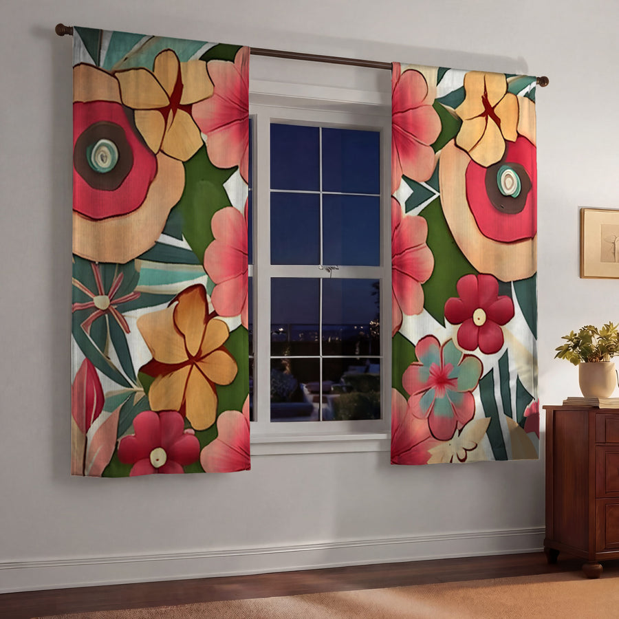 Red and Green Retro Floral Pattern Window Curtains