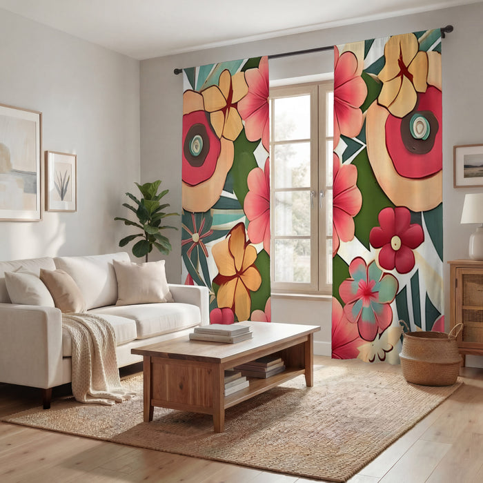 Red and Green Retro Floral Pattern Window Curtains