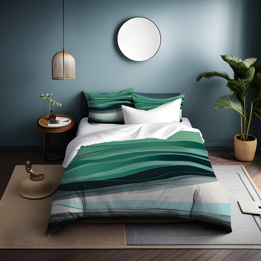 Teal Abstract Wave Layer Pattern Duvet Cover