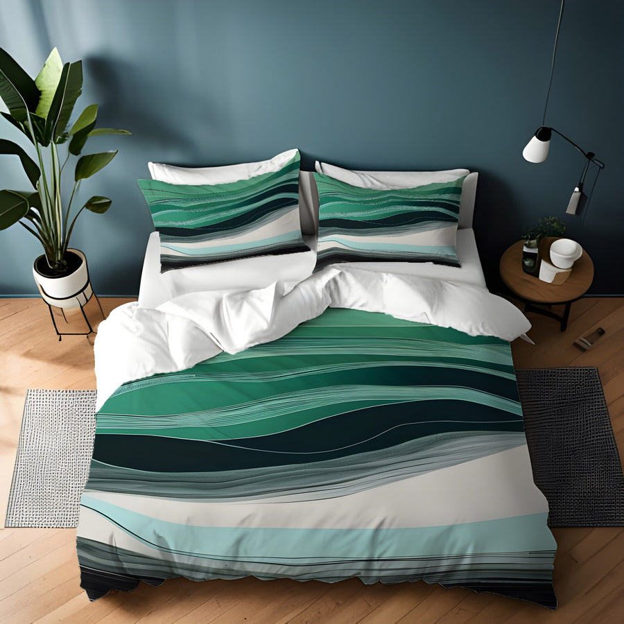 Teal Abstract Wave Layer Pattern Duvet Cover