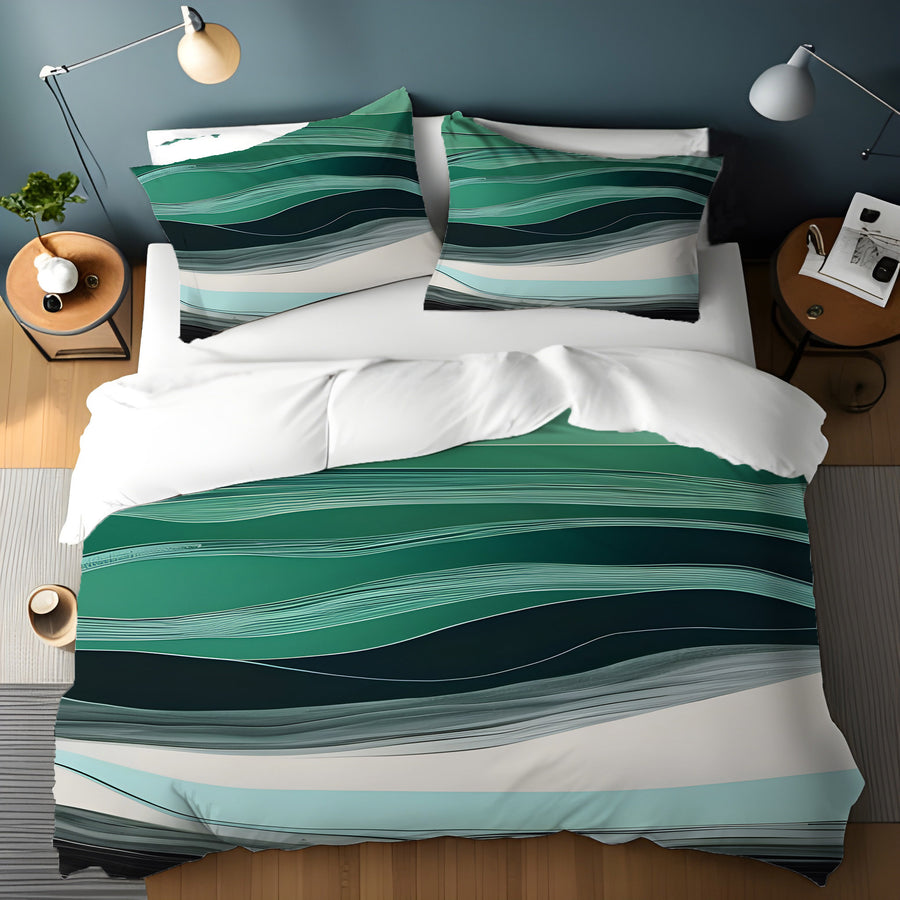Teal Abstract Wave Layer Pattern Duvet Cover